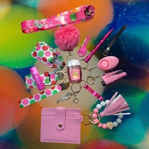 Polka Dot Safety Keychain with Colorful Lanyard & Pink ID Wristlet Set